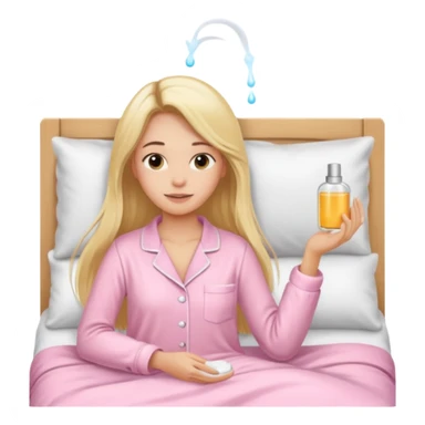 A girl in a light pink pajama is taking care of her skin with a skincare routine in bed, her hair is long, blonde, and straight. sticker