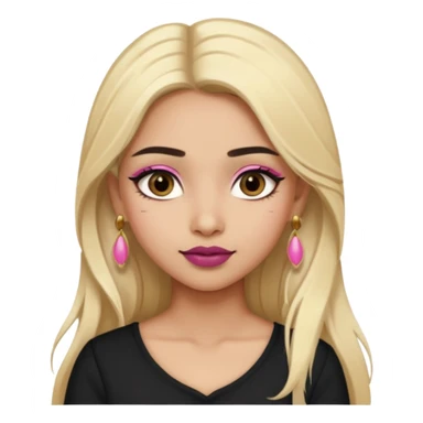 Sweet Indian girl blond long hair darkbrow  eyes brown/pink lipstick blush, black top gold earrings, brown eyebrows  sticker