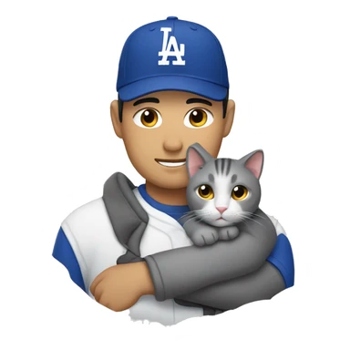 A gray cat cuddling an Asian man wearing a dodgers hat sticker