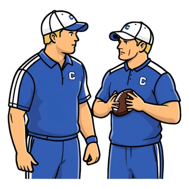 2 football coaches talking wearing caps and athletic clothing sticker