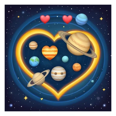 Solar system with heart-shaped planets orbiting a sun, colorful planets in the shape of hearts sticker