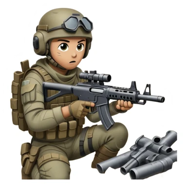 A skilled airsoft player in tactical gear, aiming a gun and shooting metal BBs in a desolate, ruined landscape. The setting is filled with broken walls and debris, creating a tense atmosphere of strategy and precision in a high-stakes tactical environment sticker