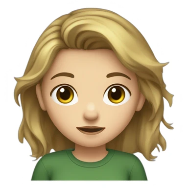 adolescent girl with messy brown blond hair, green and hazel eyes, looking a bit tired, dark green shirt sticker