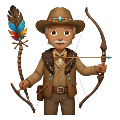 The classic image of a middle-aged uncle hunter carrying a bow, dressed in brown clothes, with some ornaments made of feathers, bones or teeth on his body. sticker