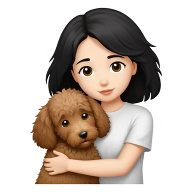 One girl with medium long black hair dressing white T-shirt, hugging One little brown coated labradoodle. sticker