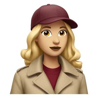 Blonde girl wearing beige trench coat and burgundy baseball cap written Paris on it  sticker