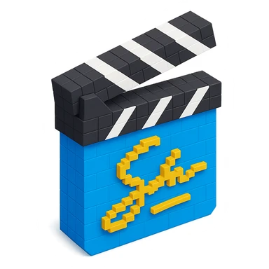 voxel style movie clapperboard with a gold director's signature, isometric view sticker