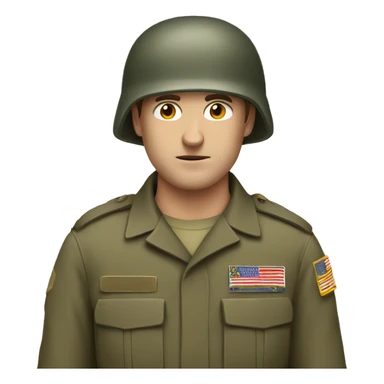 white man with brown short hair and military helmet having a lazy eye sticker