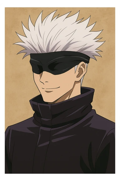 Satoru Gojo from Jujutsu Kaisen, iconic blindfold, spiky white hair, confident expression, anime style sticker
