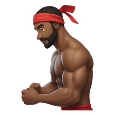 muscular man in red bandana standing sideways turns his head to face the viewer,his left hand is bent in the elbow,torso sticker