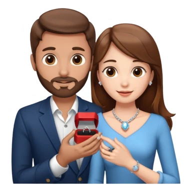A brown haired man with a short beard proposing to a brown haired girl with a ring box sticker