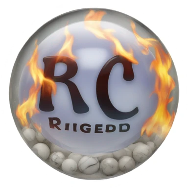 The word rigged with each letter in a glass marble on fire sticker