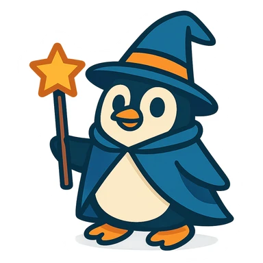 penguin dressed as a wizard, with a pointy hat and a magic staff, playful cartoon style sticker