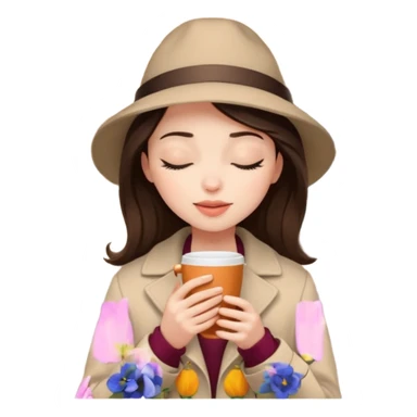 Brunette girl with white skin and eyes closed, wearing a clod ge coat's hat who smells the coffee in her hand in home sticker