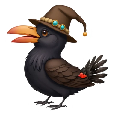 a raven wearing a funny hat, standing on a worm sticker