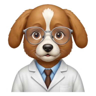 Wise dog with glasses, wearing a lab coat, perched on a stack of books. sticker