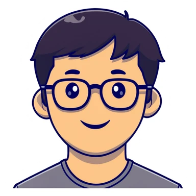 Asian man with short black hair, glasses, friendly smile, Josh Lim character sticker