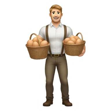 Buff white man with brown hair holding two baskets with a ton of eggs sticker