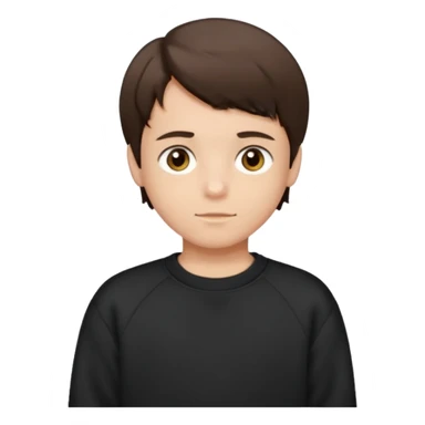 A brunette boy, short straight hair, light brown eyes, with a black sweatshirt sticker