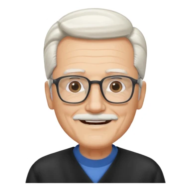 old guy, swept back white hair, blocky face, rectangle frame glasses, goatee sticker