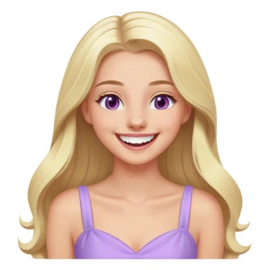 laughing blonde model, hazel eyes, sleek long hair, pastel purple dress sticker
