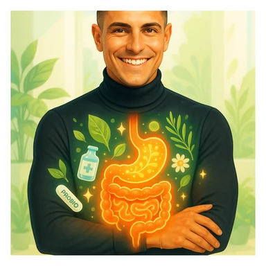 Create a realistic or wellness-illustration style image of a fit and healthy 30-year-old man inspired by the reference image. He is smiling confidently with a glowing transparent overlay showing a clean and healthy intestine. The digestive tract appears smooth, balanced, and vibrant, surrounded by symbols of gut health like leafy greens, probiotics, or natural elements. The background is clean and bright, resembling a wellness clinic, nature, or minimal design, with vibrant lighting and a positive health-focused tone. sticker