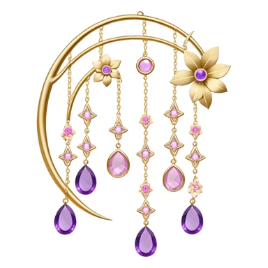 Epic Hanging gold suncatcher, threads with shiny sparkly amethyst and rose-quartz gemstones, flowers, crescents-moons sticker