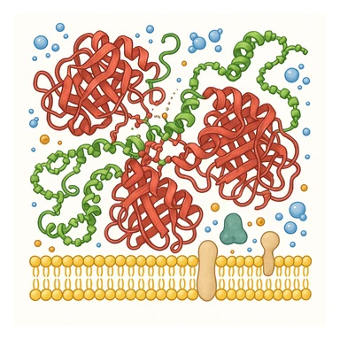 Ultra-realistic scientific illustration of enzymatic starch digestion at the cellular level, rendered in textbook-accurate detail. Show:

Multiple amylase enzyme molecules (red, with clear tertiary structure showing alpha-helices and beta-sheets) actively cleaving
Starch polymers (green amylose/amylopectin with accurate glucose unit linkages - α(1→4) and α(1→6) branches)
Cell membrane segment (yellow phospholipid bilayer with integral proteins and cholesterol molecules)
Reaction environment (blue water molecules, ionic interactions, pH-sensitive groups)
Molecular interactions (hydrogen bonds, substrate-enzyme transition state, electron cloud textures)
Technical Specifications:

Background: Pure white (#FFFFFF)
Accuracy: PDB-level structural correctness (reference 1SMD for amylase)
Exclusions: No labels
Special Details to Include:

Catalytic triad (Asp197, Glu233, Asp300) in amylase active site
Starch helix distortion during hydrolysis
Membrane protein channels for glucose transport sticker