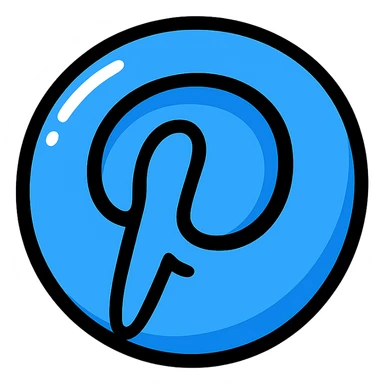 plump, rounded Pinterest 'P' logo, blue color, bold black outlines, expressive shadows, glossy highlights, no background, dimensional style sticker