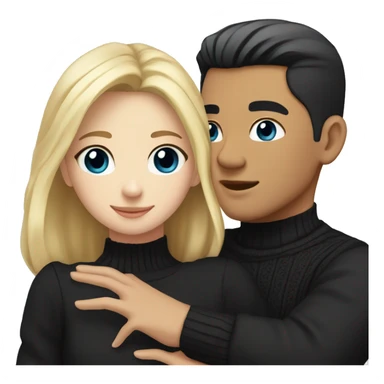 Blonde girl with blue eyes in black sweater and asian man with black hair and black eyes hugging sticker