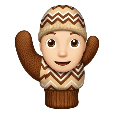 thumbs up fist in brown knit mitten with zig-zag beige pattern, no face sticker