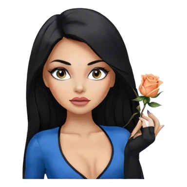 Glamours, tanned, very beautiful girl, with big pump peach-beige-rose lips, eyeliner, long long lashes, black straight smooth silky long hair, straight parting hair, blue-grey eyes, in totally black bodysuit  sticker