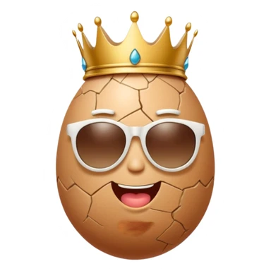 a funny, proud cartoon-style egg character wearing sunglasses and a small broken crown, solid orange background. sticker