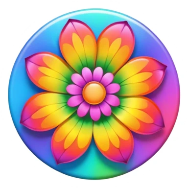 A round psychedelic colored button with a large rainbow colored flower in the center sticker