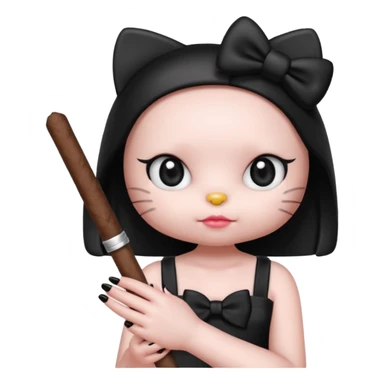 hello kitty with a blunt in a hand with long black nails and a black bow sticker