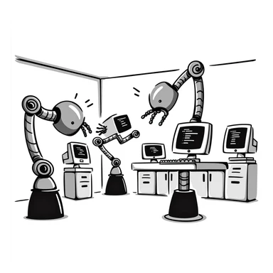 A robotics lab with mechanical arms and old CRT monitors sticker