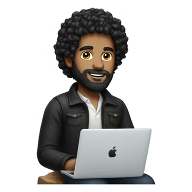 man with a lot of black curly hair with trimmed black beard and white skin + macbook pro sticker