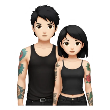 generate a fair boy with messy black hair, tattoos. standing beside a fair black haired girl wearing a black cami top. sticker