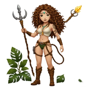 full body woman long curly brown hair brown eyes white skin tattoos muscular build jungle treasure hunter outfit, vine whip, glowing relic sticker