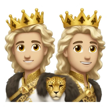 young white king with flowing dirty blonde hair, hazel eyes, stubble, a gold crown with a cheetah print sash sticker