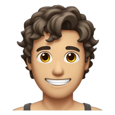 white guy with wet dark brown hair and brown eyes smiling with his mouth closed and shirtless with slightly muscles sticker