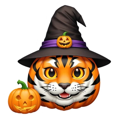 tiger face in Halloween costume with pumpkin and witch hat for Twitch emote sticker