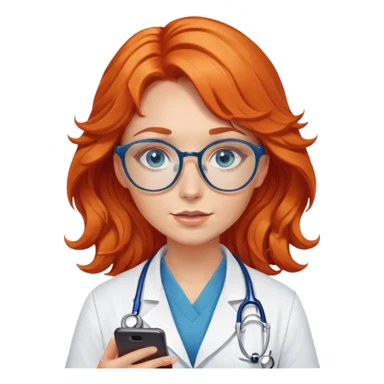 Girl doctor wavy orange red hair blue eyes in gold glasses and phone  sticker