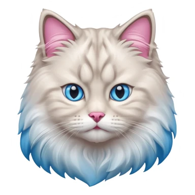 Fluffy Siberian cat face emoji, white and grey long hair, bright blue eyes, pink nose, friendly expression, 3D vector style, isolated on white background. sticker