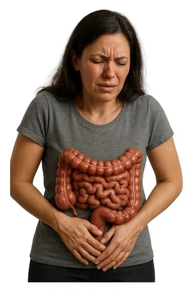 DONNA CON INTESTINO ANATOMICO REALISTICO IN EVIDENZA E MAL DI PANCIA, IPERREALISTICO 4K sticker