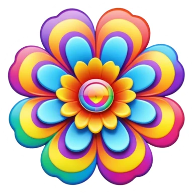 A round psychedelic colored button with bezeled edges and a rainbow colored 3D flower in the center sticker