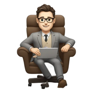 Pale skinned Fit Man With dark brown hair in gray jacket, beige office shirt and vintage glasses sitting In a soft chair with a notebook with emblem Ψ and a pen in his hands sticker