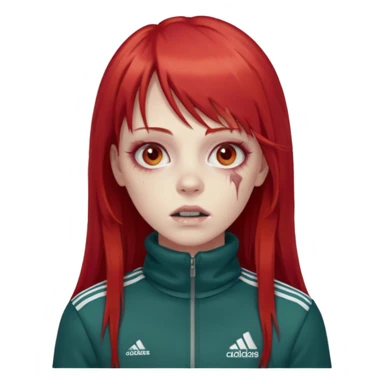Crie um emoji de uma menina zumbi  com o cabelo vermelho longo com uma franja reta casaco de gola alta da adidas sticker