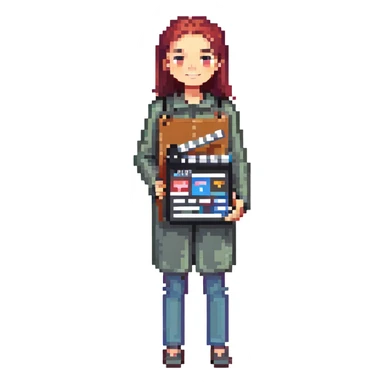 a content creator holding a clapperboard, pixel art style sticker