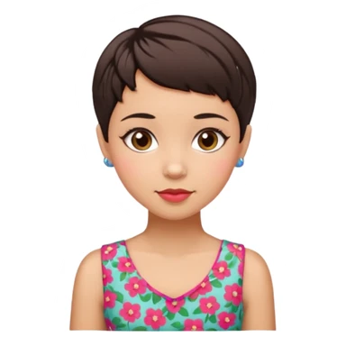 woman pixie cut dark brown hair with barrettes, hispanic, brown oval eyes, heart shaped face sticker